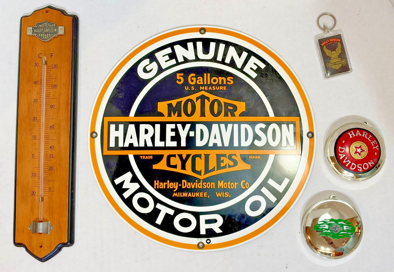 Vintage Harley-Davidson Memorabilia Lot Porcelain Oil Sign, Ornaments, Keychain