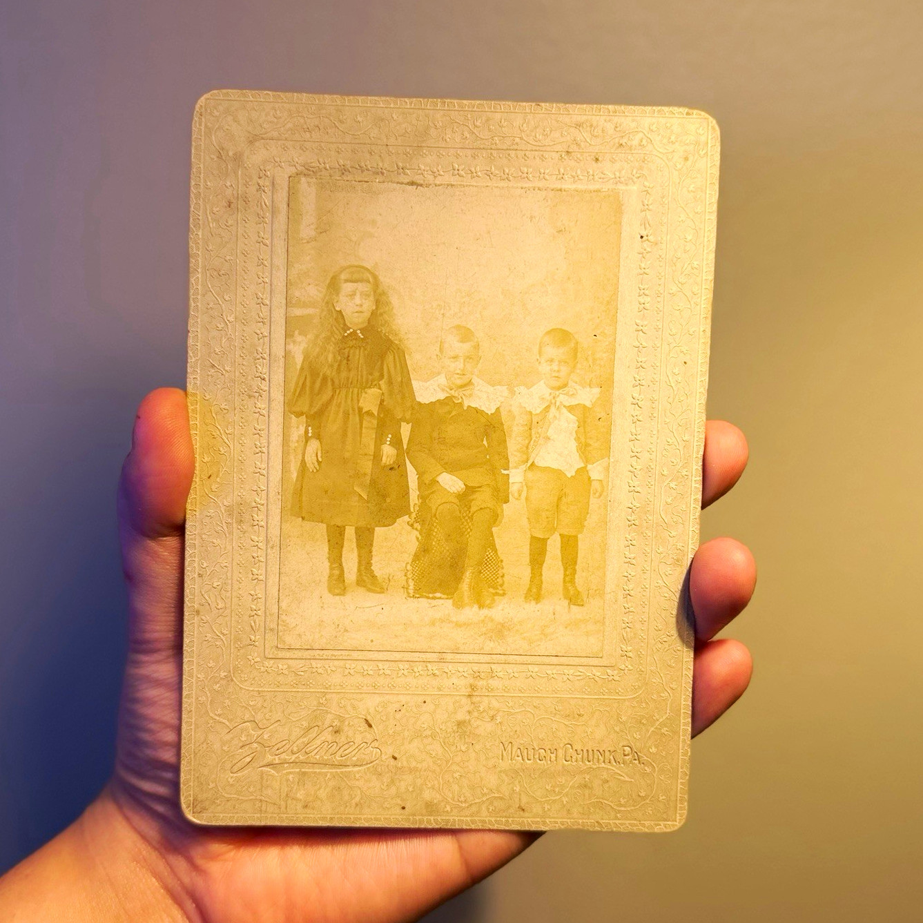 Fellmer Antique Embossed Sepia Cabinet Card Photo, Victorian Children Portrait Fellmer Antique Embossed Sepia Cabinet Card Photo, Victorian Children Portrait