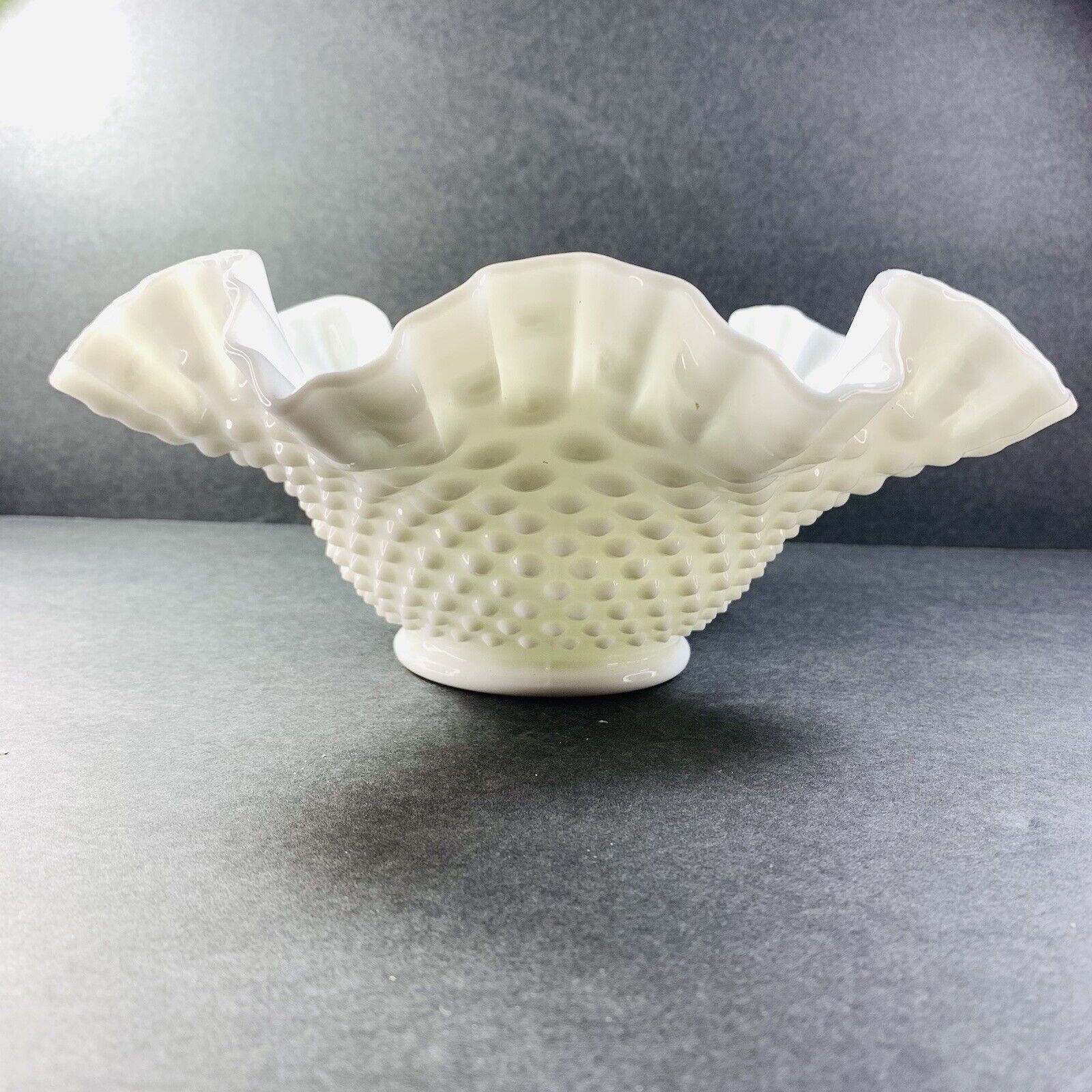 Vintage Milk Glass Hobnail Crimped And Ruffled Edge Large Dish 4”T 9.5”W