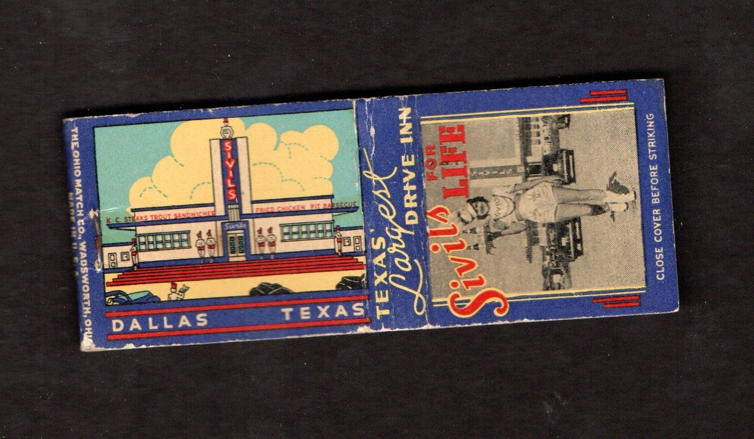 Rare Vintage 1940\'s Sivil\'s Drive-In Matchbook Cover Restaurant Dallas TX