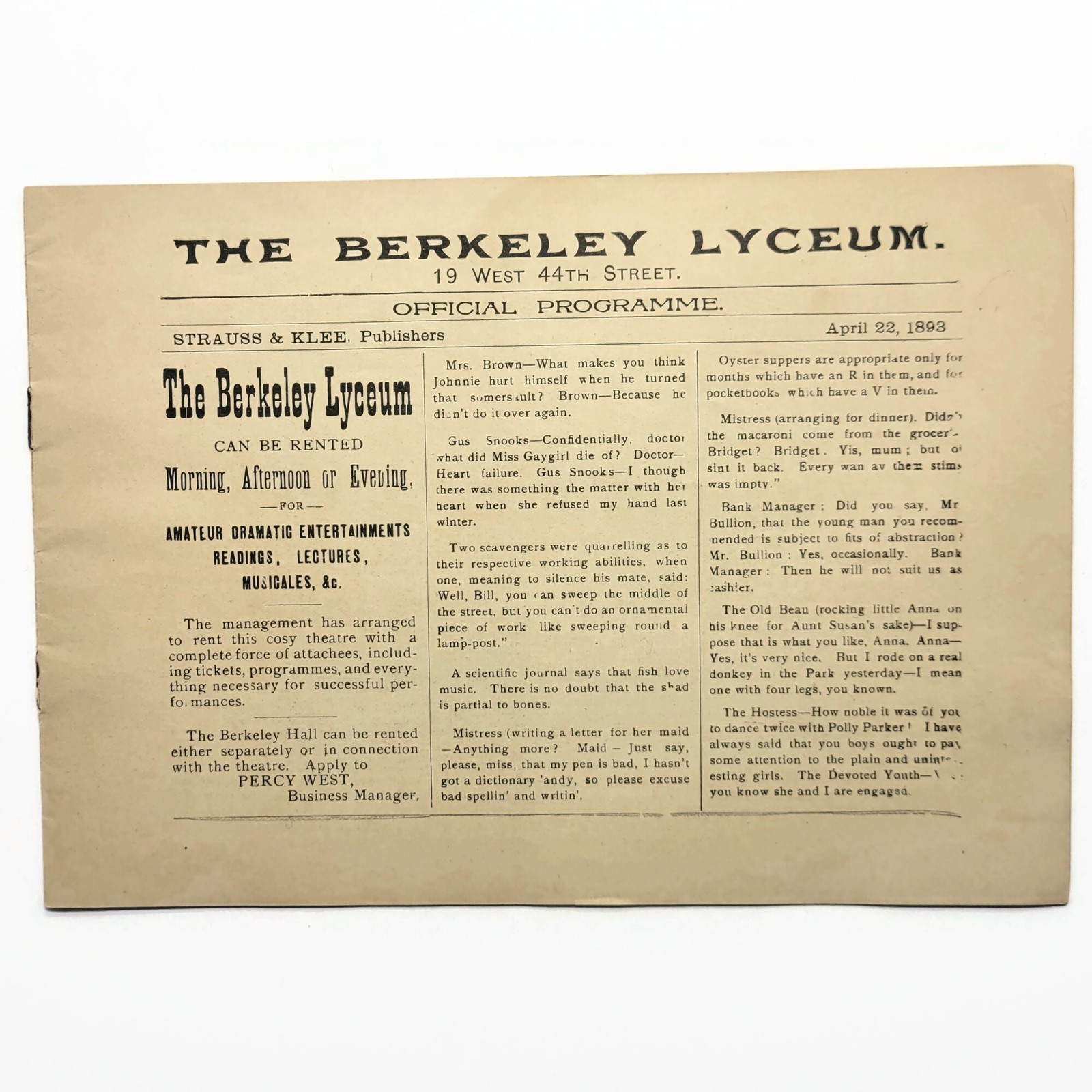Antique 1893 The Berkeley Lyceum Theatre Program Manhattan New York NYC Ephemera Antique 1893 The Berkeley Lyceum Theatre Program Manhattan New York NYC Ephemera
