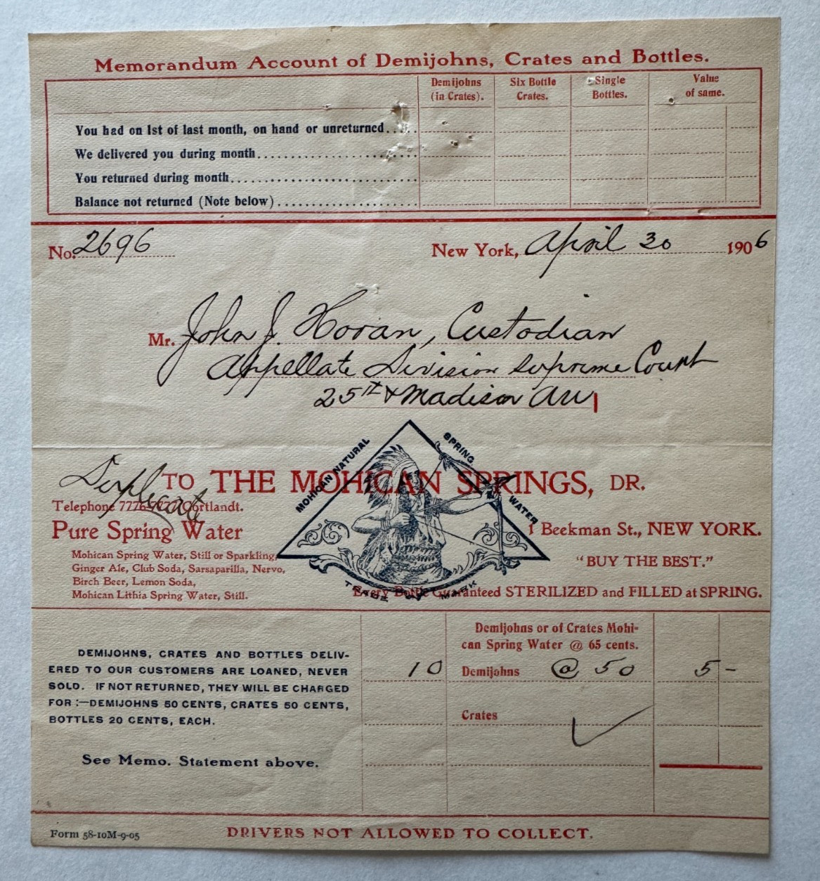 Vintage 1906 Billhead Mohican Springs Spring Water Beekman St New York vignette