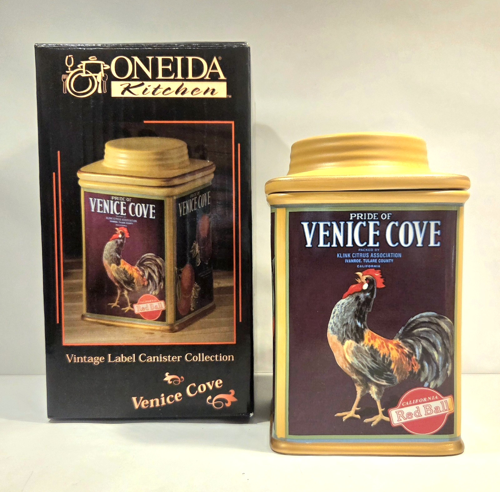 Oneida Vintage Label Collection Venice Cove Rooster Ceramic Canister w/ Lid Oneida Vintage Label Collection Venice Cove Rooster Ceramic Canister w/ Lid