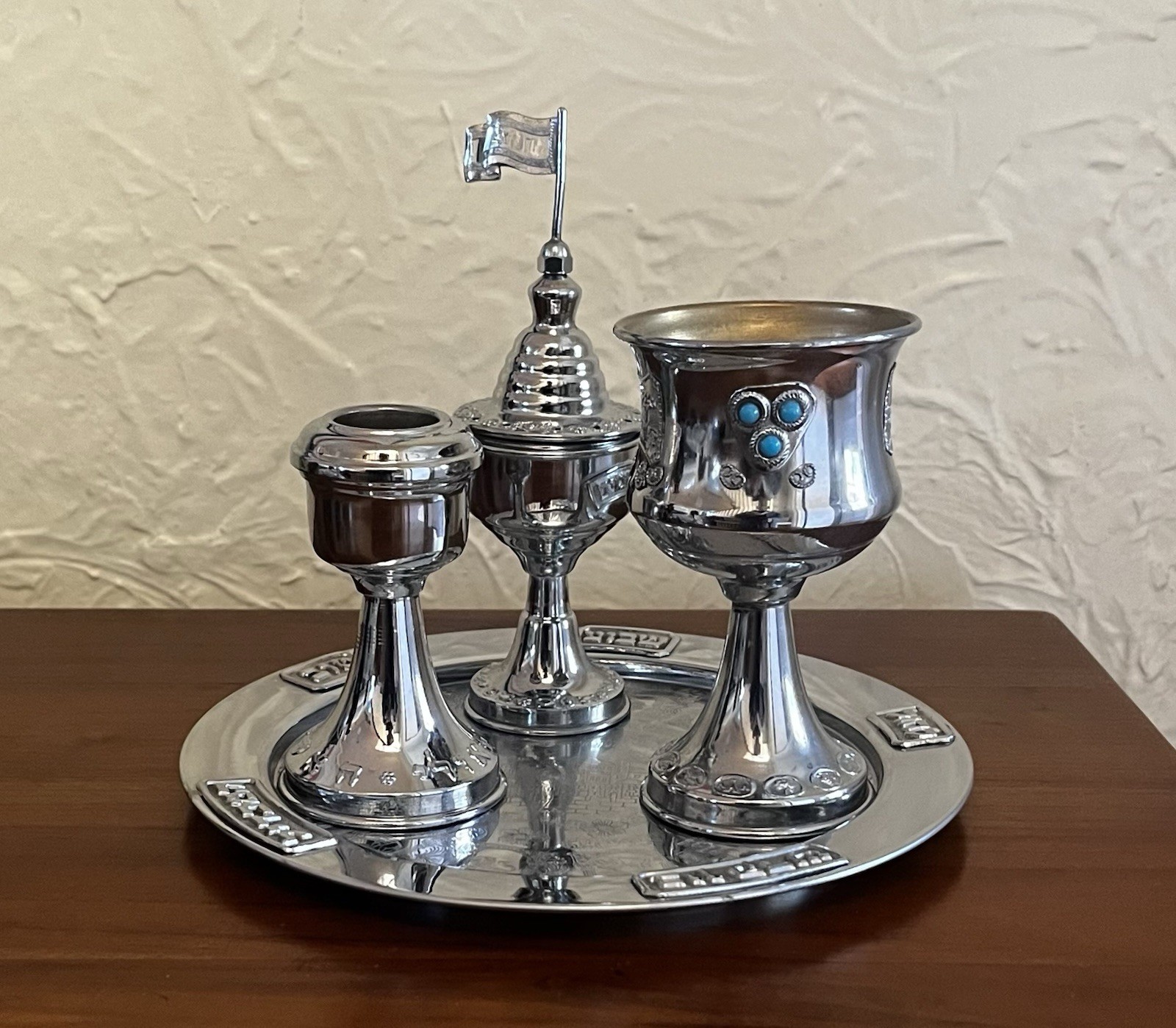 Vintage Judaica Shabbat Havdalah Set Spice Box Tray Candlesticks Kiddush Cup