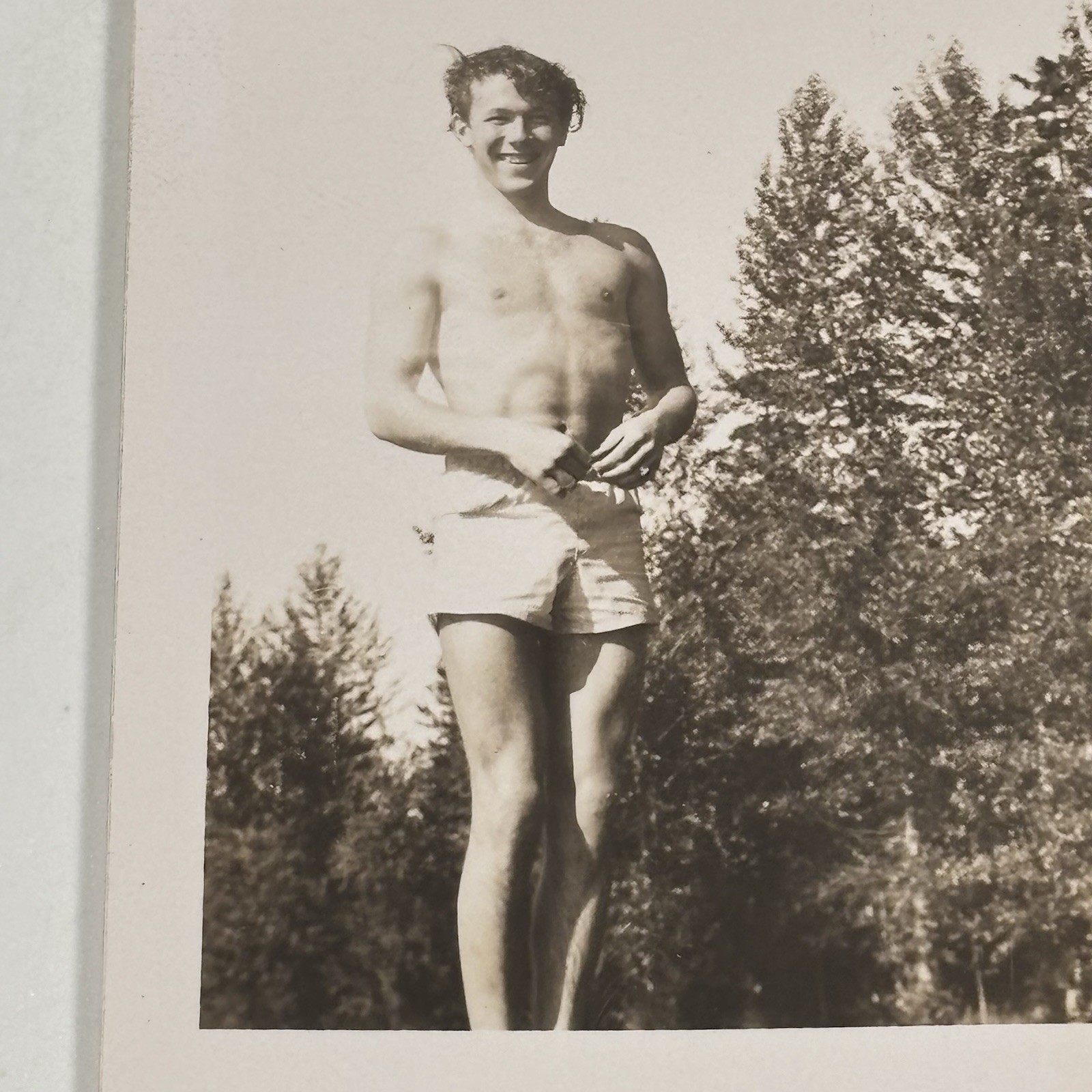 Vintage Photo Gay Interest Beef Cake 1940s Handsome Man Shirtless Swim Trunks