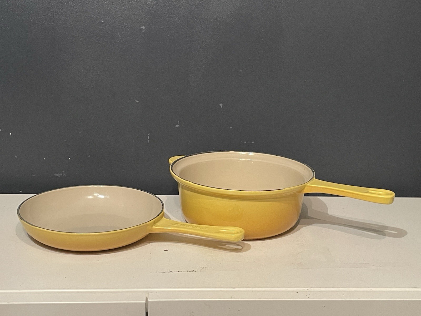 Le Creuset Yellow Enameled Cast Iron Skillet & Saucepan 2 Pc Set No Lids