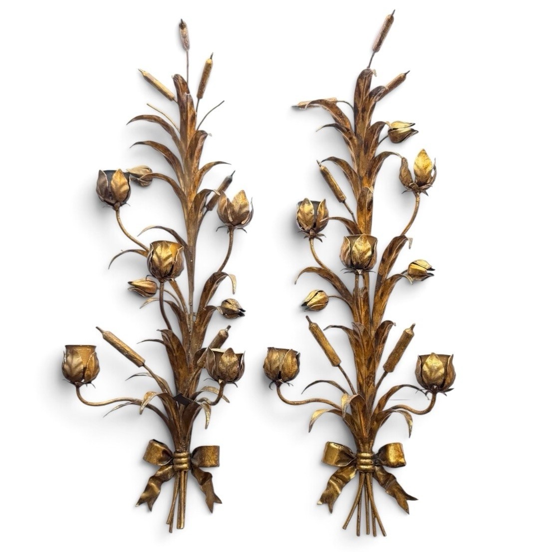Vtg Pair Italian Gilt Tole Wheat Sheath Floral Bow Candle Sconces Walter Hatches