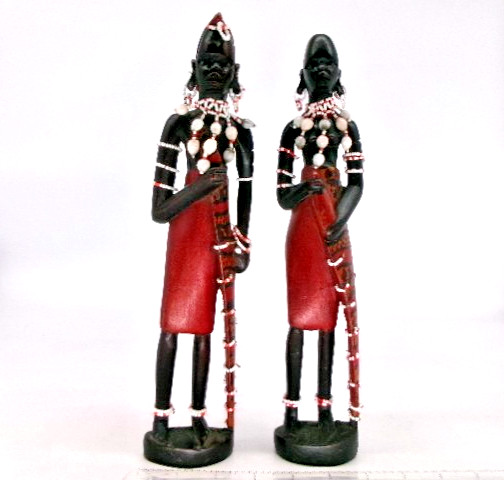 PAIR of Maasai African Wood Warrior Man & Woman Beaded Figures Carved 12 PAIR of Maasai African Wood Warrior Man & Woman Beaded Figures Carved 12