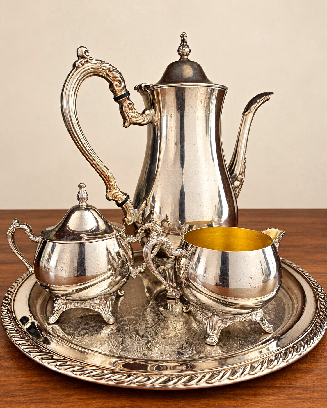Vintage Oneida USA Silverplate Coffee Service Set Creamer Sugar Tray 4 Pc Vintage Oneida USA Silverplate Coffee Service Set Creamer Sugar Tray 4 Pc