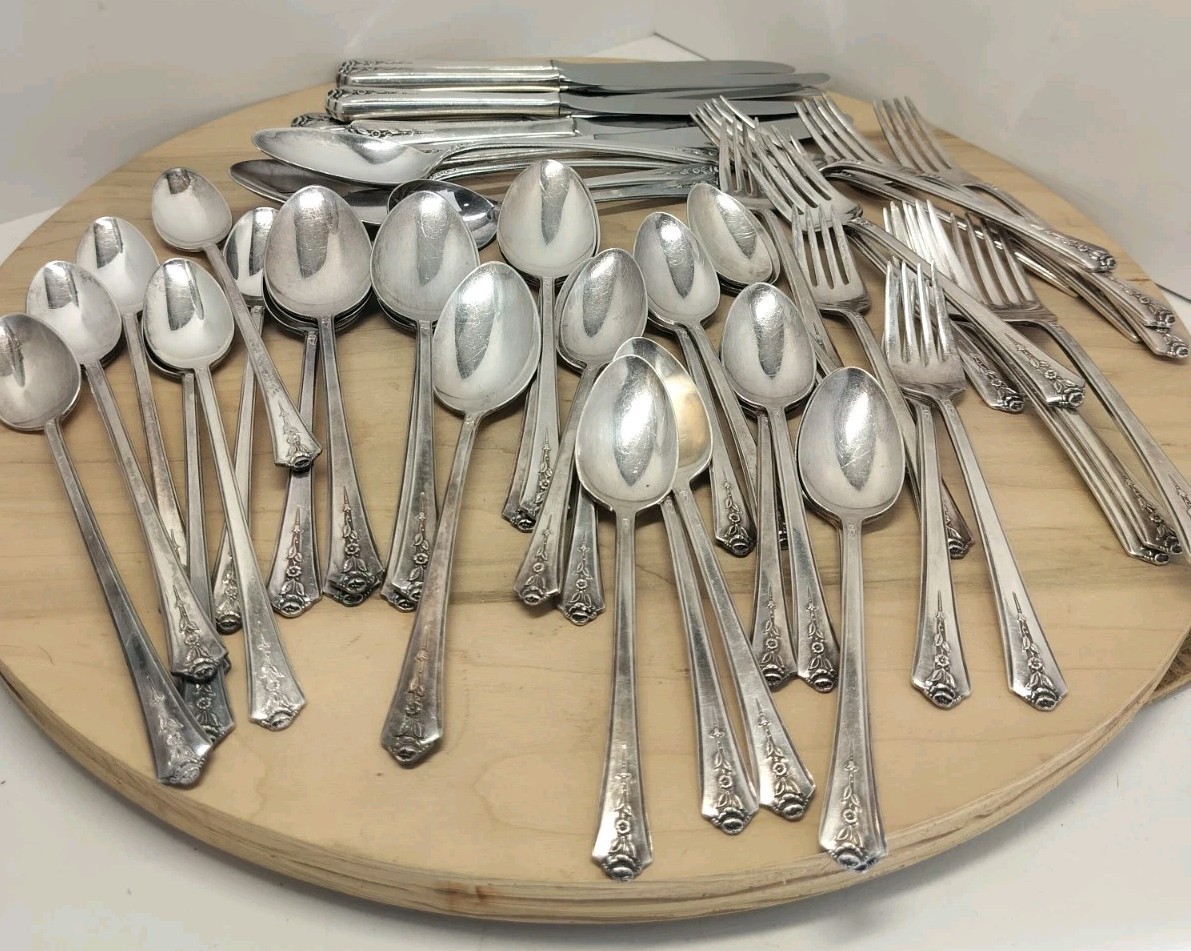 VTG 1949 HOLMES & EDWARDS INLAY SPRING GARDEN PATTERN STAINLESS 55 PIECES JAPAN