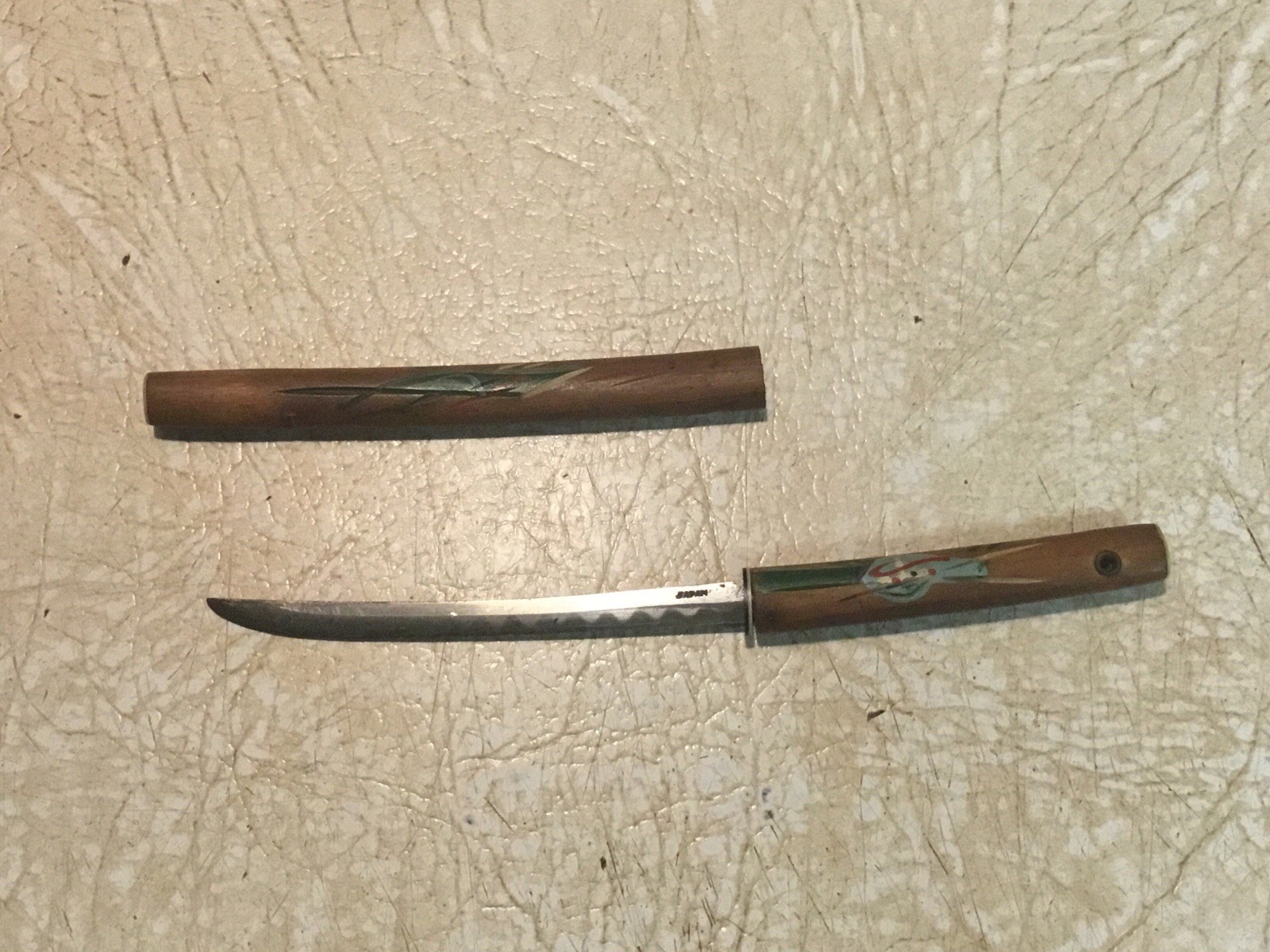 Vintage Japanese Mini Tanto Knife Hand Painted Wood Scabbard Japan 6.5\ Vintage Japanese Mini Tanto Knife Hand Painted Wood Scabbard Japan 6.5\
