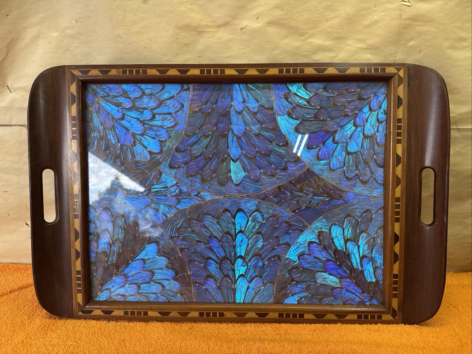 L - Vintage Antique 1930’s BRAZIL MORPHO SERVING TRAY 20.25”x13”