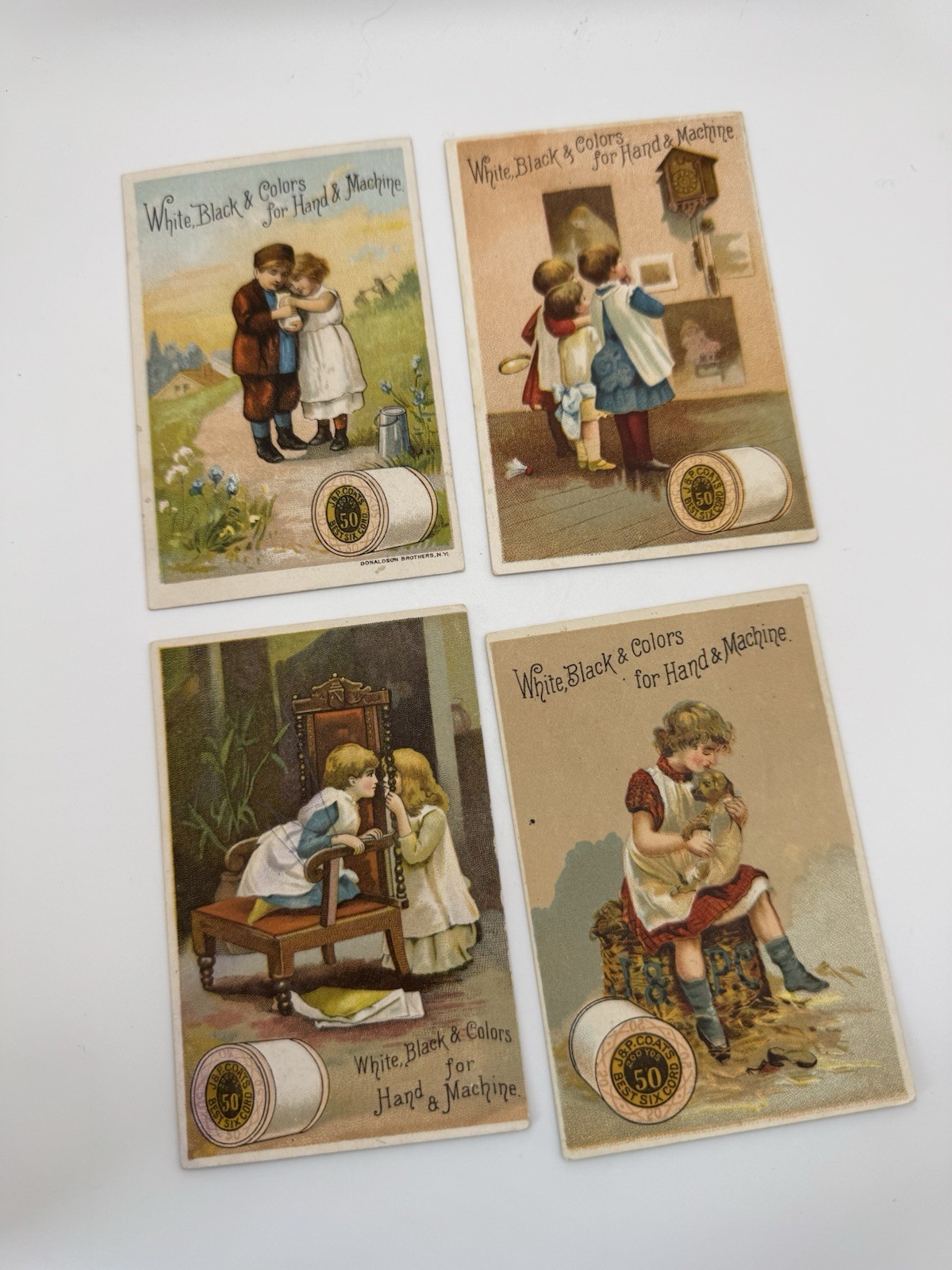 (4) 1880's Victorian Trade Cards J & P Coats Best Six Cord Thread (4) 1880's Victorian Trade Cards J & P Coats Best Six Cord Thread