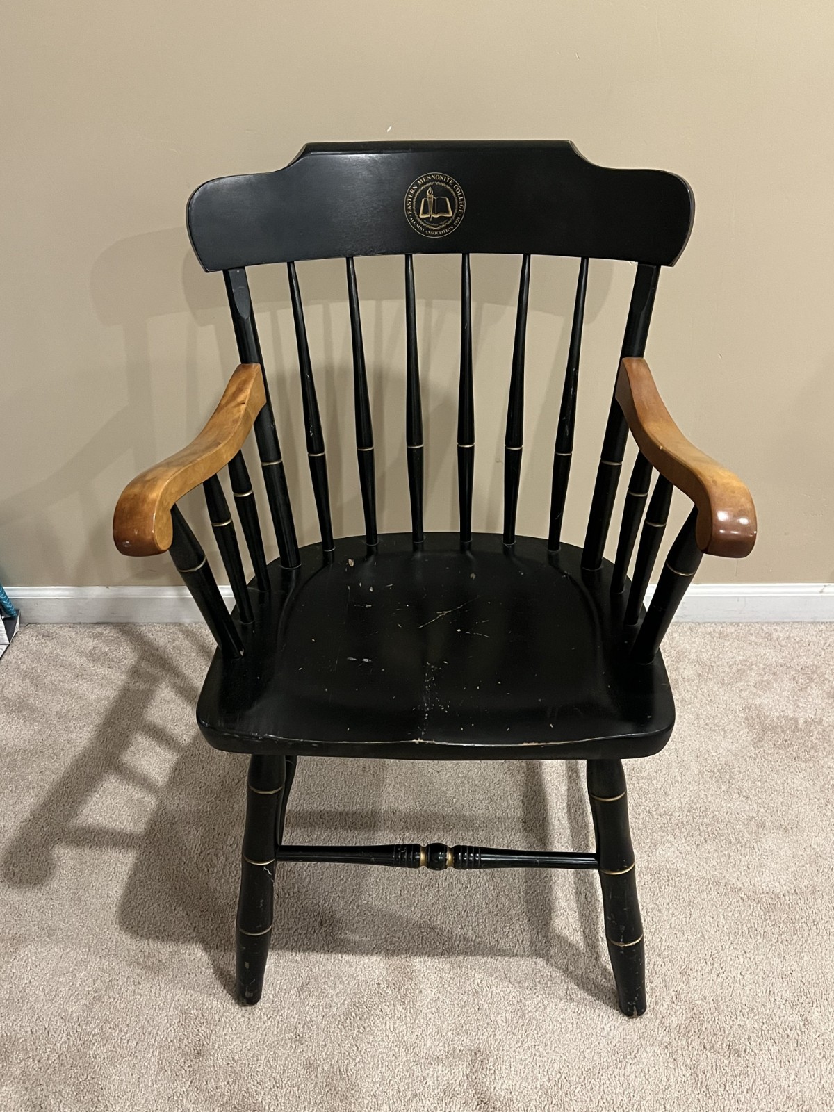 Vtg Eastern Mennonite College Captain’s Chair Two tone Northern Hardwoods RARE Vtg Eastern Mennonite College Captain’s Chair Two tone Northern Hardwoods RARE