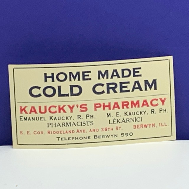 Drug store pharmacy ephemera label advertising Kauckys Berwyn IL Cold Cream vtg