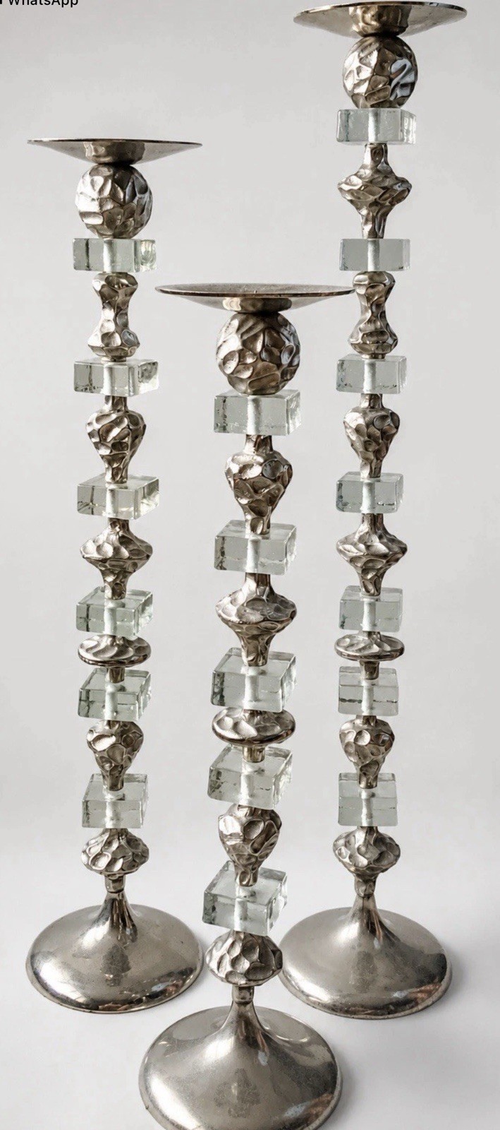Rare Mark Roberts Graduated Set of 3 Hammered Silver Glass Pillar Candle Holders