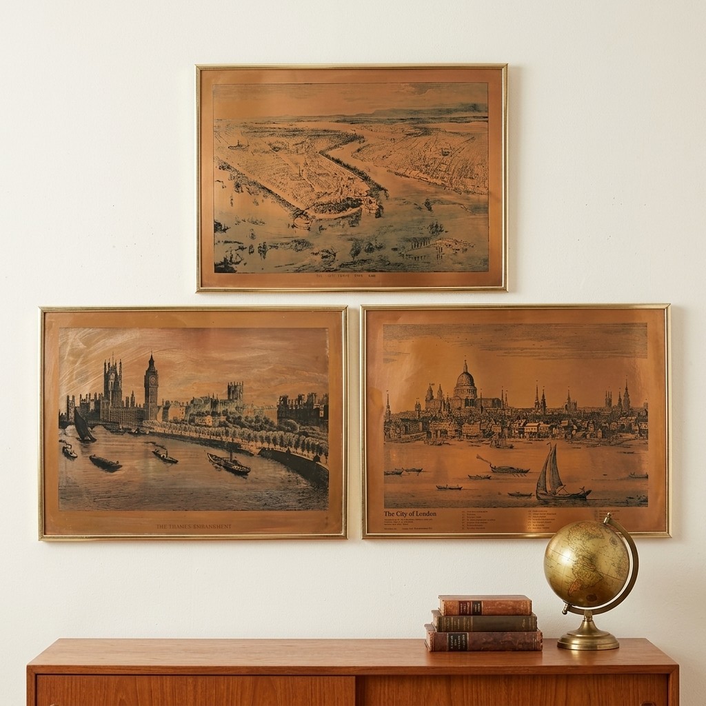 Set of 3 VTG Mid-Century Copper Foil Art Panoramas London & NYC Gold Tone Frame Set of 3 VTG Mid-Century Copper Foil Art Panoramas London & NYC Gold Tone Frame