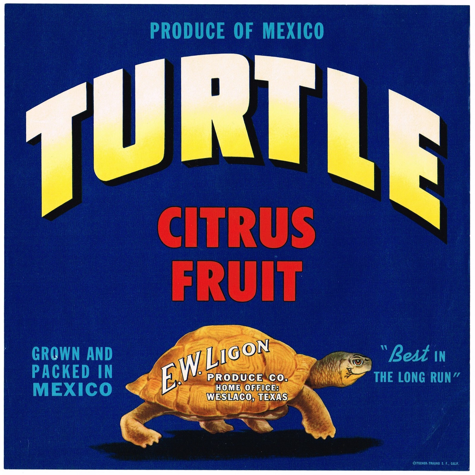 ORIGINAL CITRUS CRATE LABEL VINTAGE RARE 1959 TEXAS TURTLE WESLACO LIGON