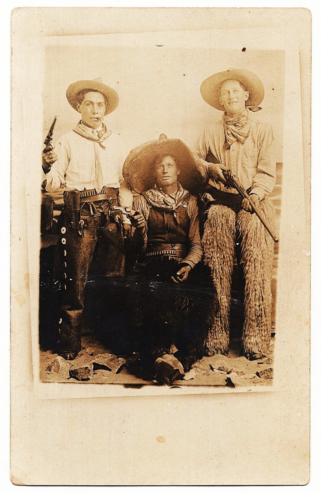 real photo Cowboys Wooly Chaps Pistols Gun antique Studio Photo postcard RPPC