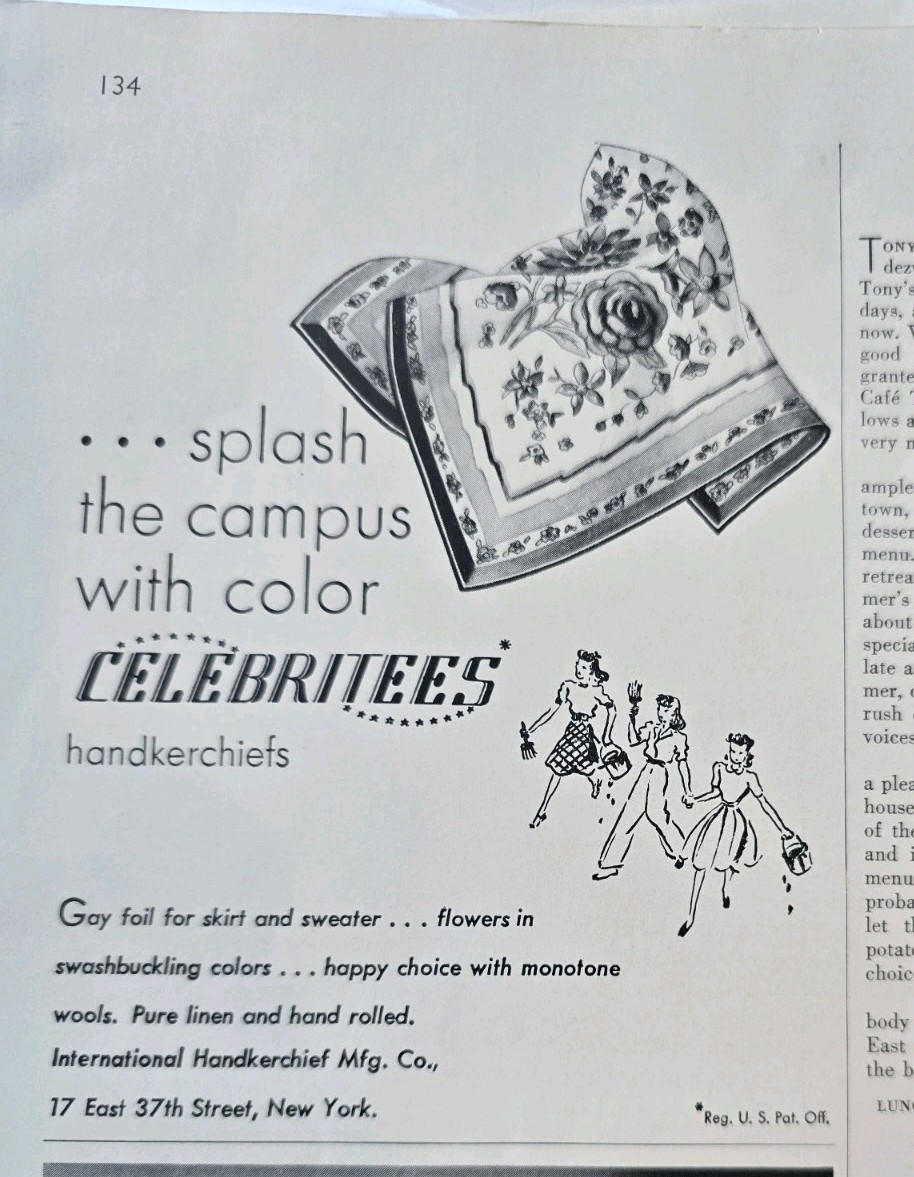 1941 Womens International Celebrities  Handkerchief Campus Color vintage ad 