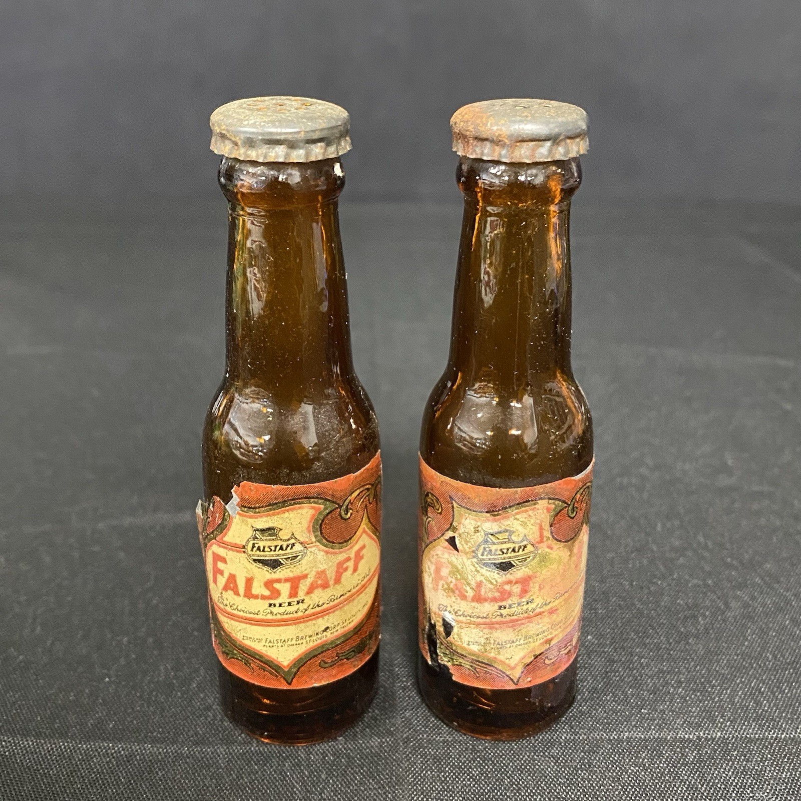 Miniature Falstaff Beer Bottles Vintage 1950s Salt & Pepper Shakers Set 4\