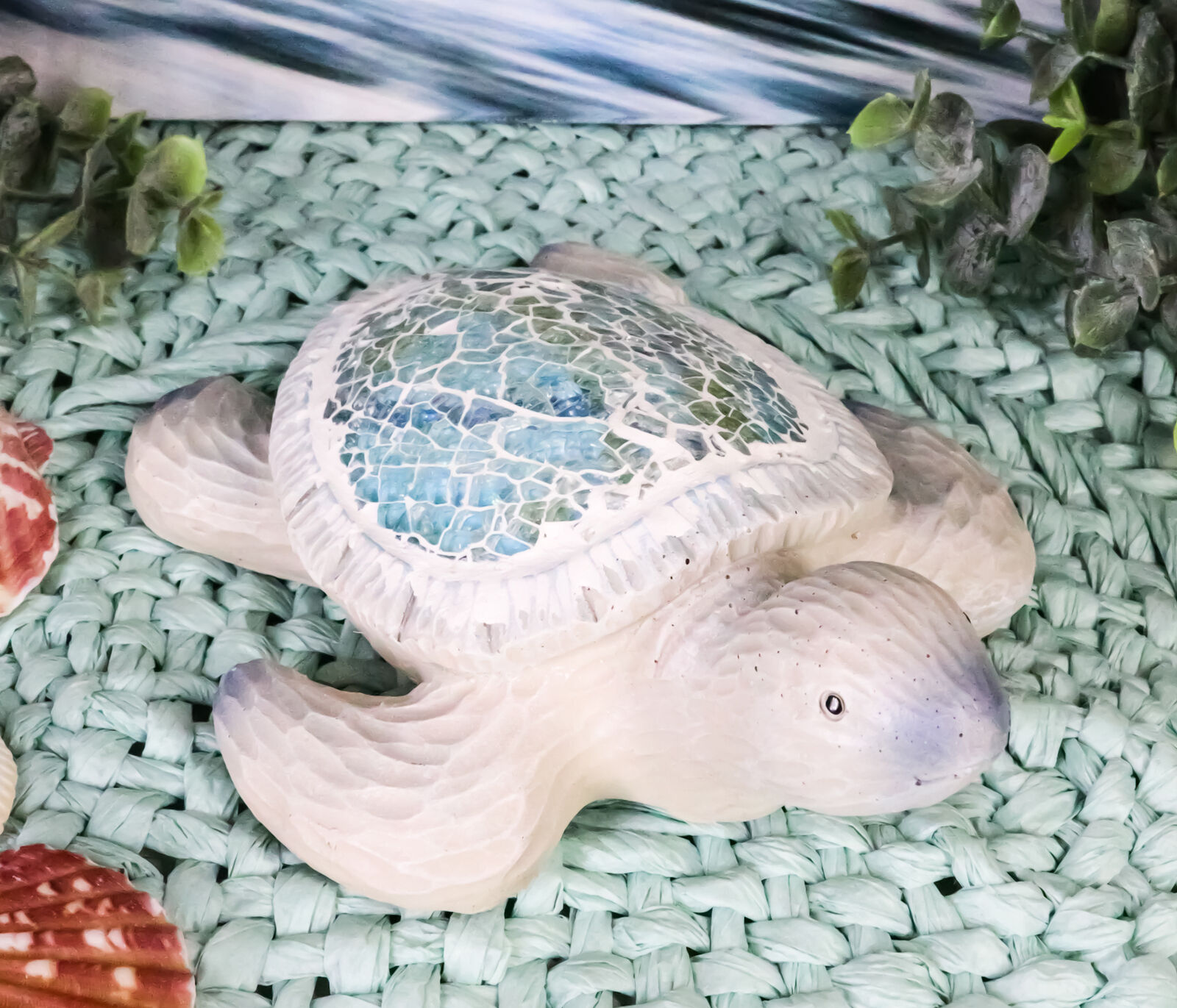 Coastal Ocean Giant Sea Turtle Decorative Figurine With Crushed Glass Shell