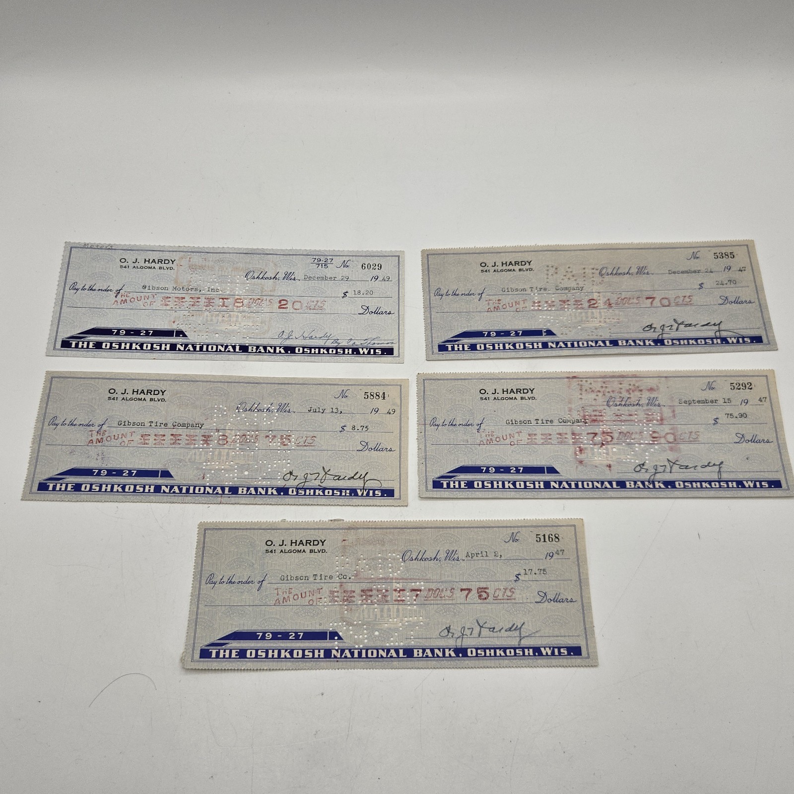 Lot Of 5 Cancelled Checks 1949-50 Gibson Tires And Motors Oshkosh Wisconsin Lot Of 5 Cancelled Checks 1949-50 Gibson Tires And Motors Oshkosh Wisconsin