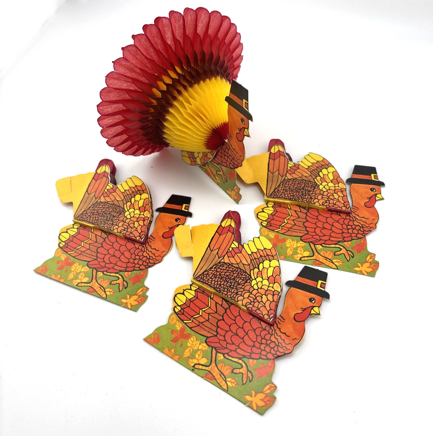 4 Vintage Beistle Turkey Placecards Thanksgiving Honeycomb Die Cut Hallmark
