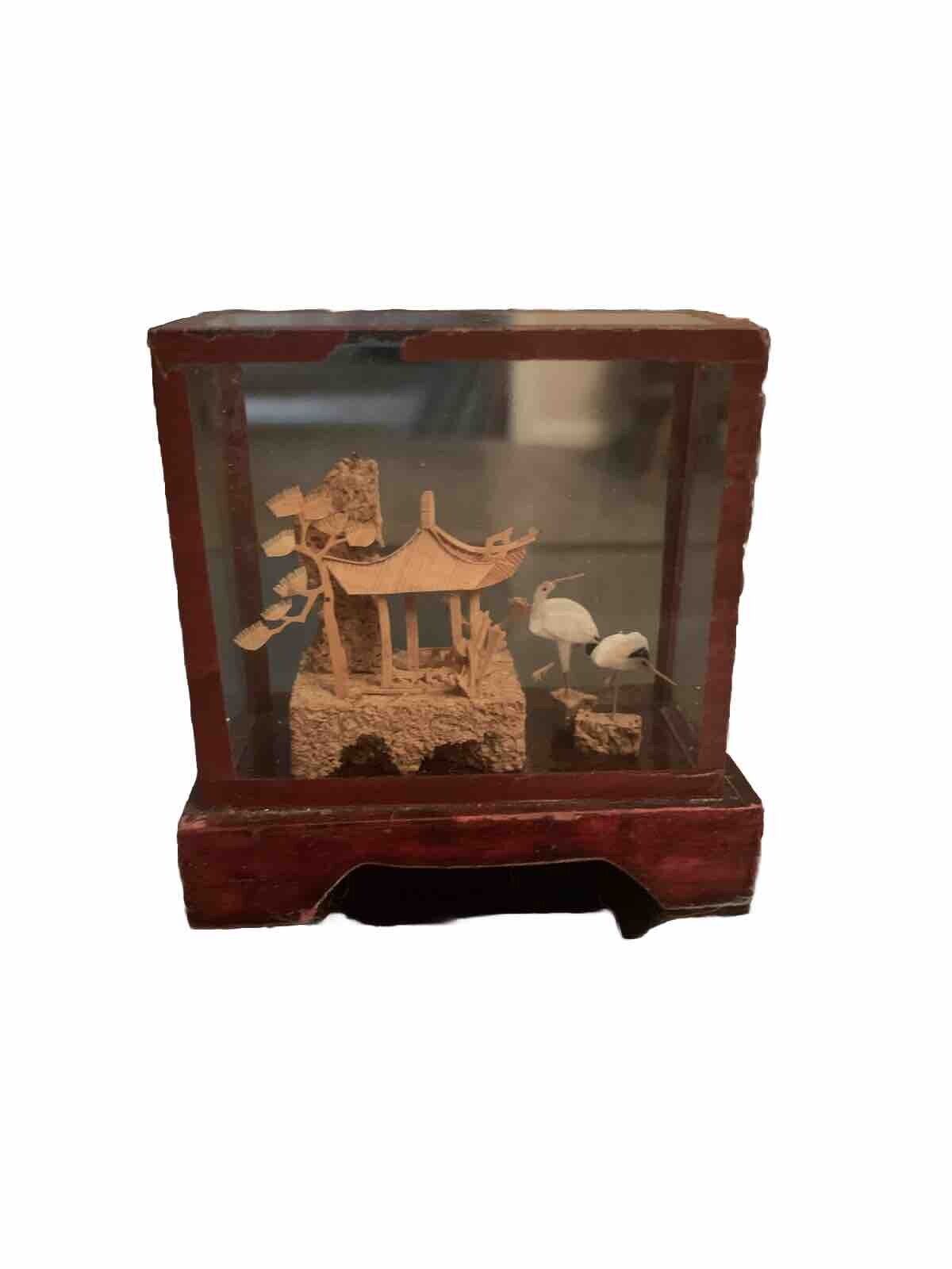 Vtg Hand Carved Chinese Asian Cork Diorama 3D Scene in Glass Tree Pagoda Crane