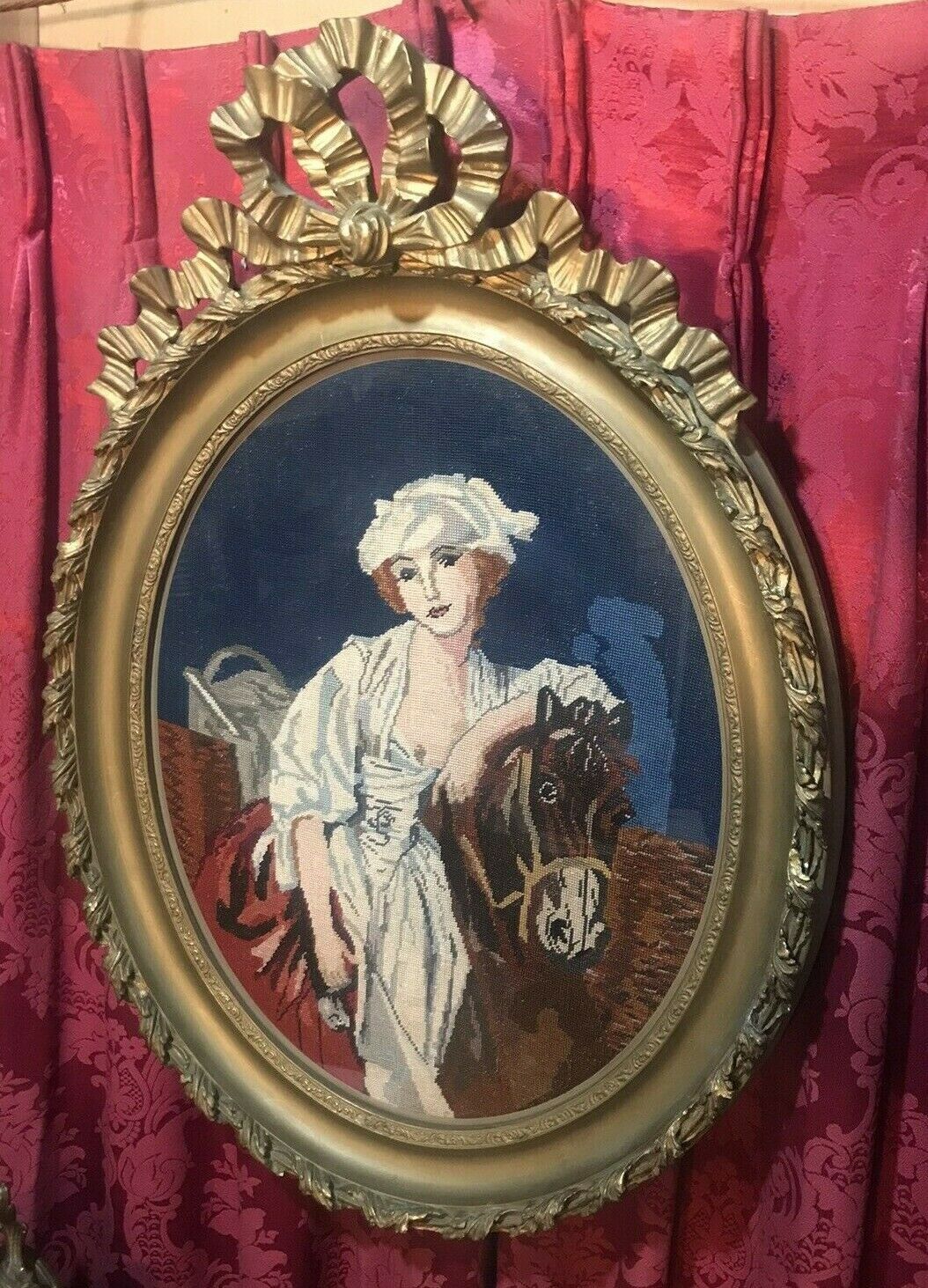 ANTIQUE VICTORIAN GILT FRAMED NEEDLEWORK OF A MAIDEN & HORSE