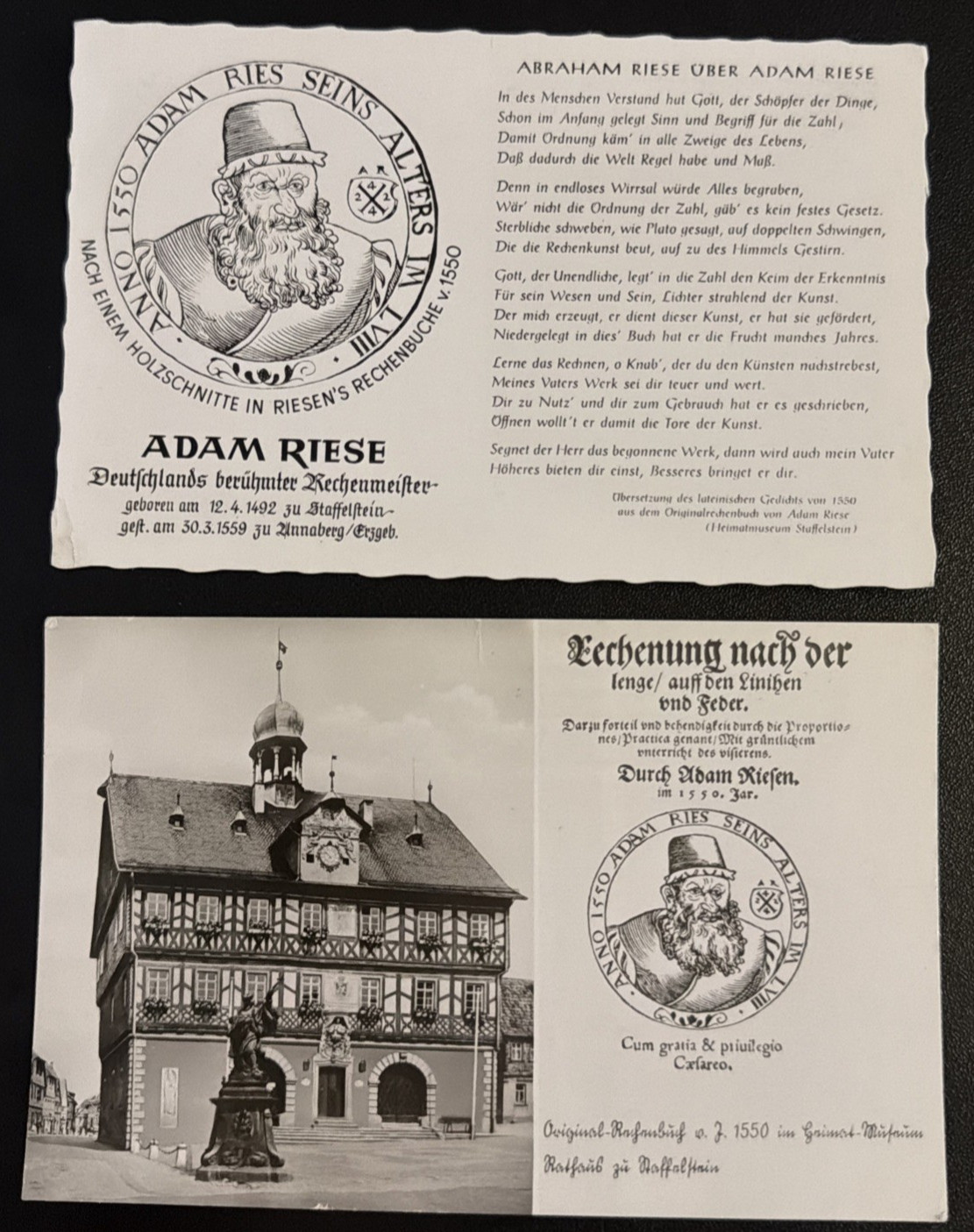 Adam Ries Postcard Lot of 2 Staffelstein Germany Rathaus Rechenmeister Math Book Adam Ries Postcard Lot of 2 Staffelstein Germany Rathaus Rechenmeister Math Book