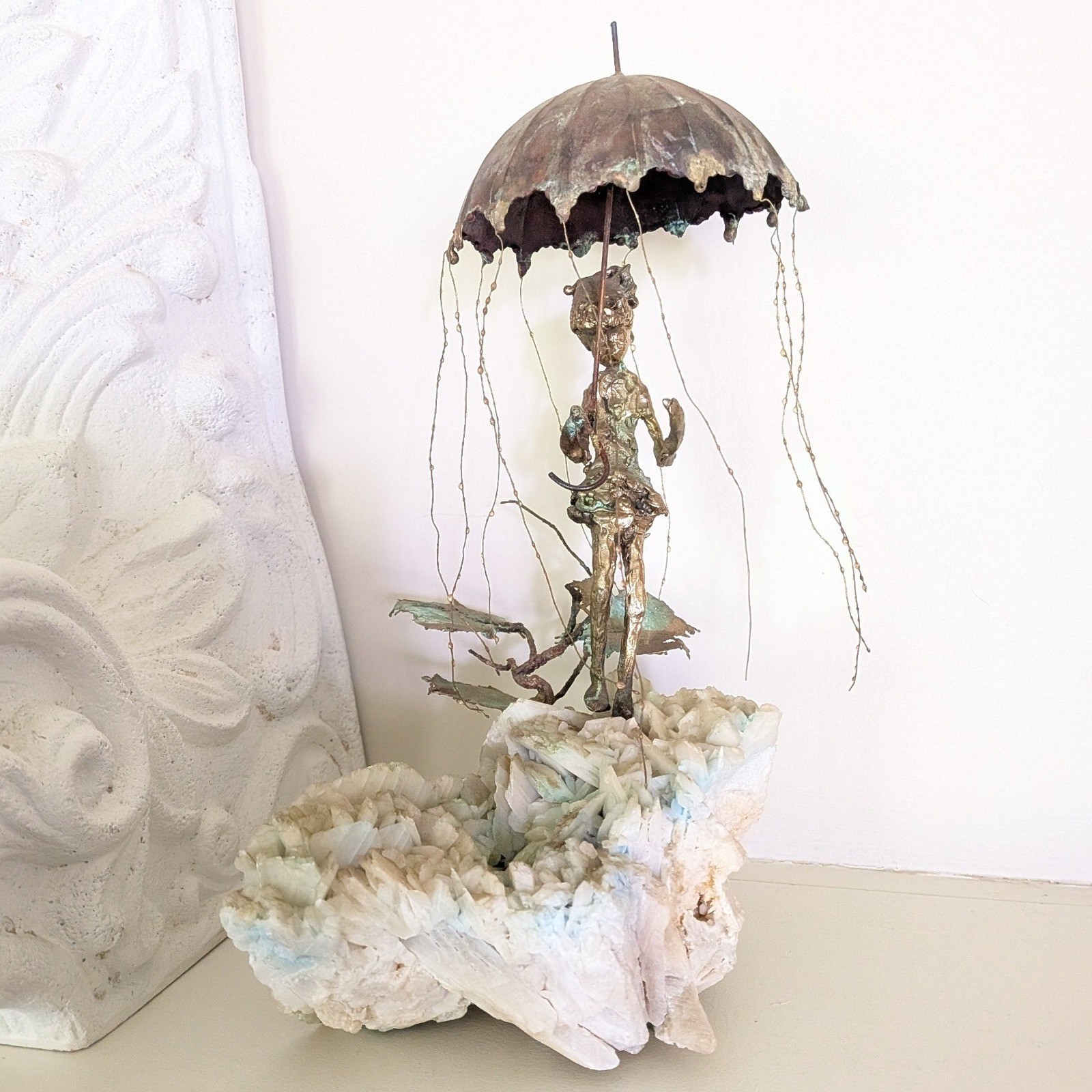 Vintage Brutalist Bronze Sculpture Figure with Umbrella on Crystal Mineral Base Vintage Brutalist Bronze Sculpture Figure with Umbrella on Crystal Mineral Base