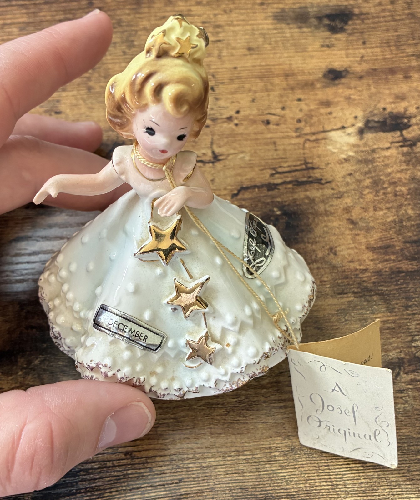 Vintage Josef Originals December Girl - White Dress Gold Stars - Tags - Japan