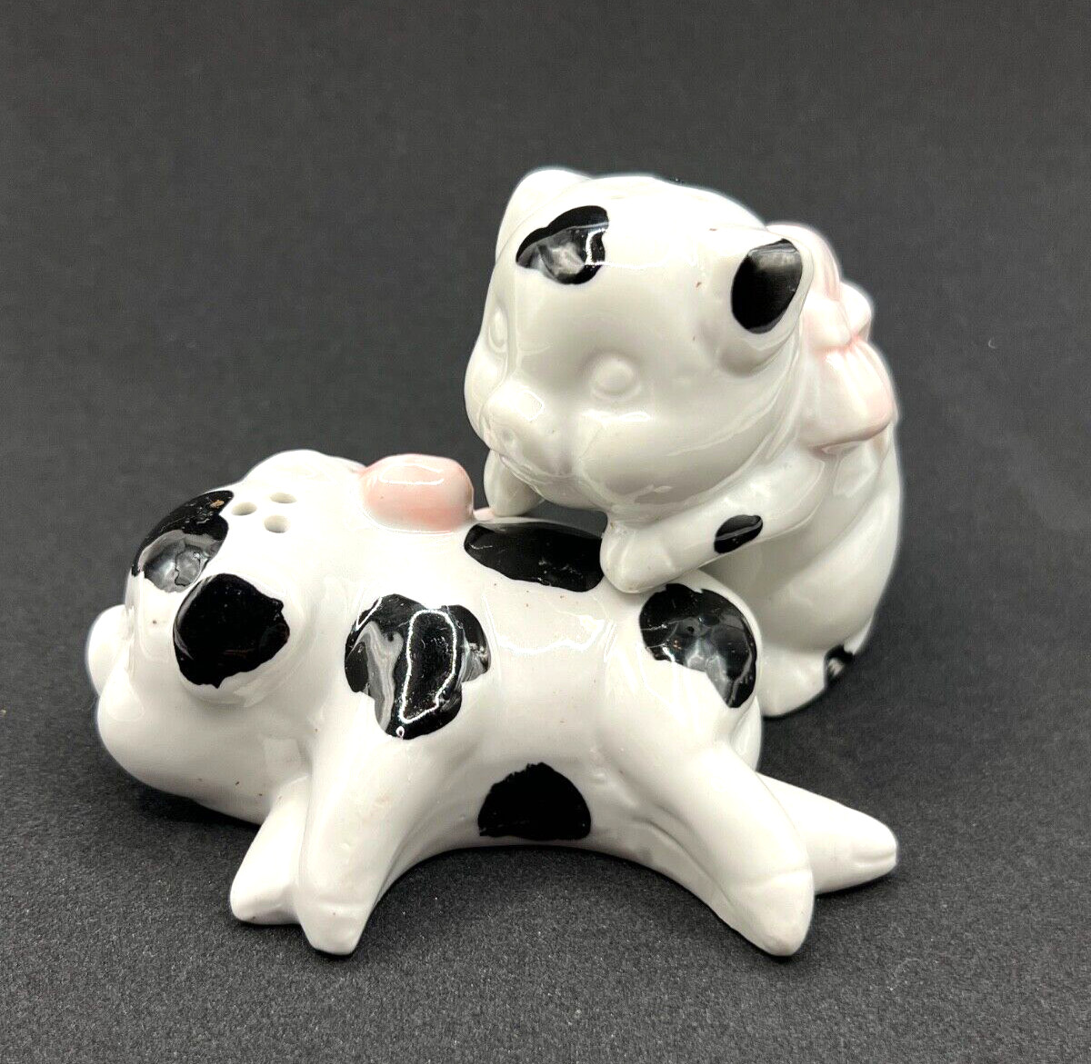 Vintage Anthropomorphic Spotted Pink Bow Pigs Humping Salt Pepper Shakers Lot