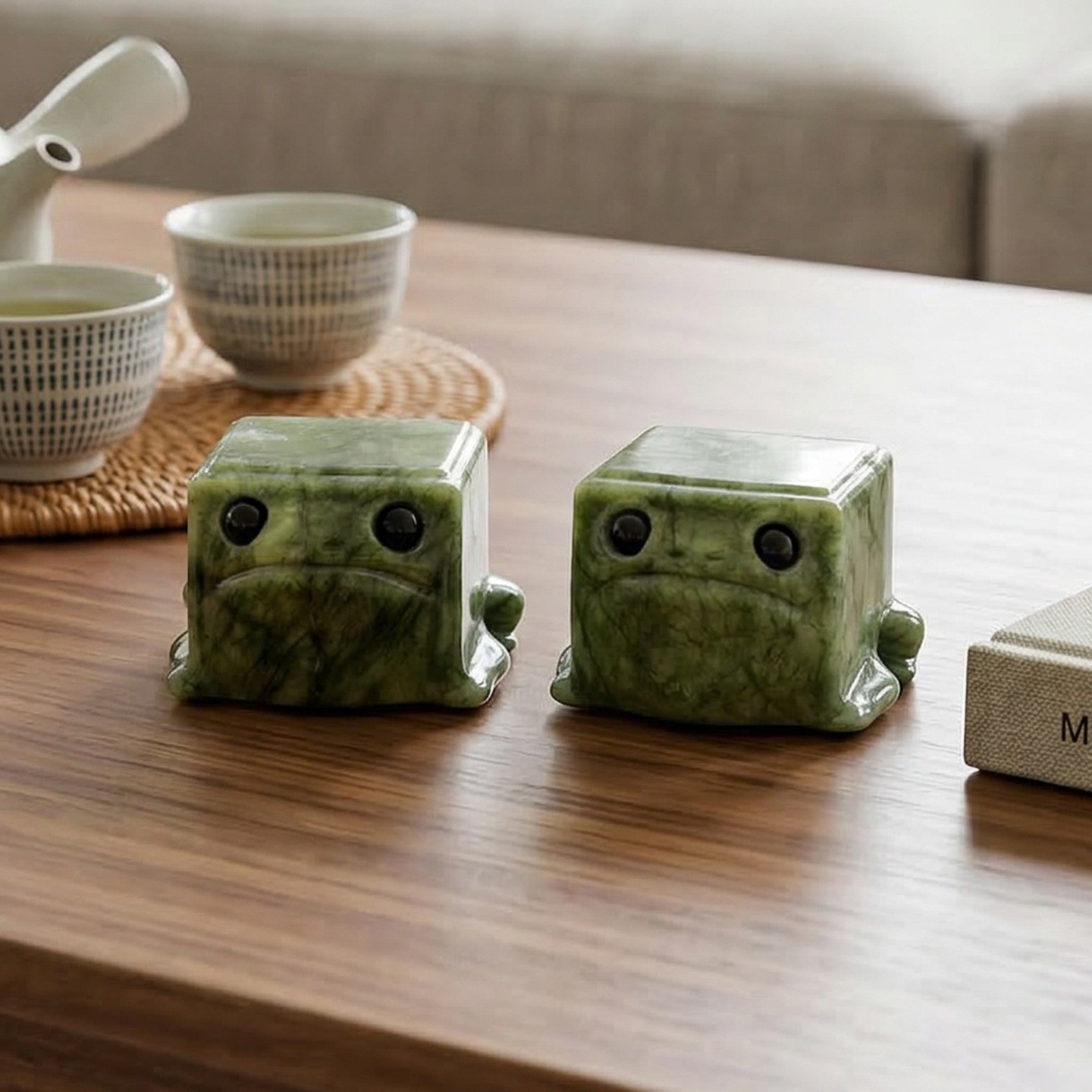 Polished Natural Green Jade Cube Frog Ornament Cute Handmade Crystal Gift