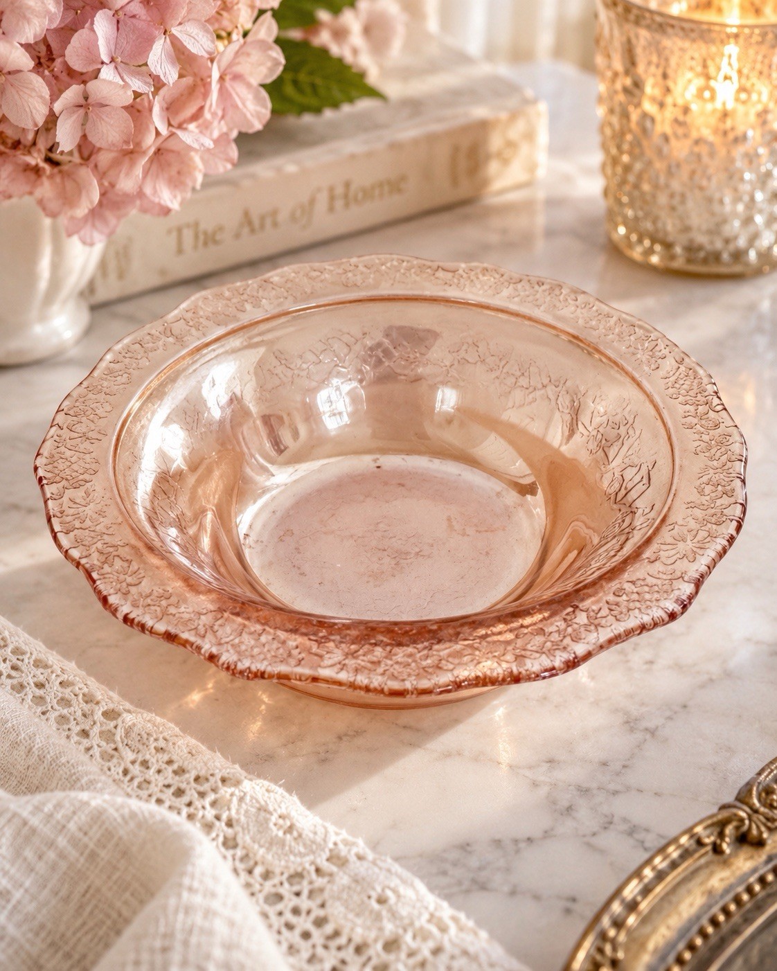 Vintage Pink Pressed Glass Bowl Floral Scalloped Rim Trinket Candy Dish 5.25\