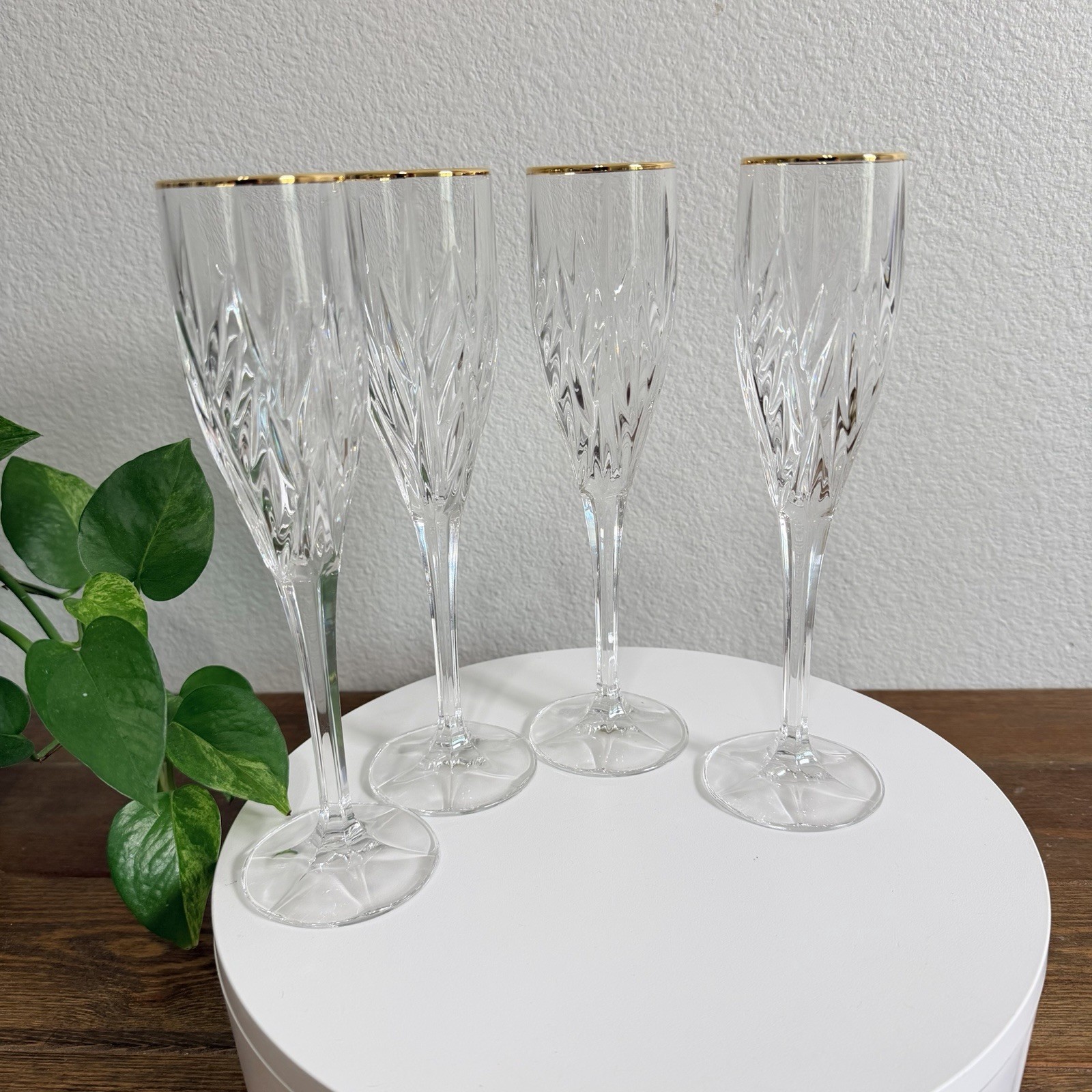 Gorham Crystal Star Blossom Gold Etched Champagne Flutes - Set of 4