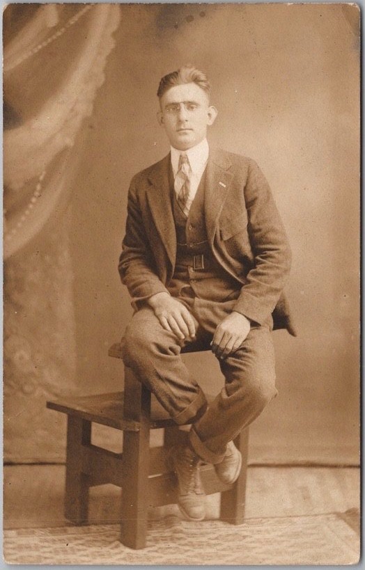 c1910s STUDIO Real Photo RPPC Postcard Attractive Young Man in Suit / Glasses