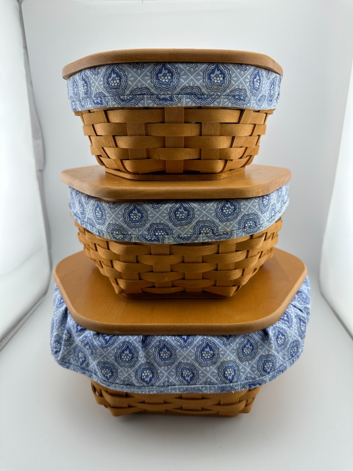 Longaberger Handwoven Hexagon Basket Set 3 Wood Lids Blue Liners USA