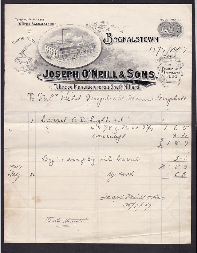 IRELAND 1899-1908 BILLHEADS Receipts Bagnalstown Myshall etc ..PRICED as SINGLES