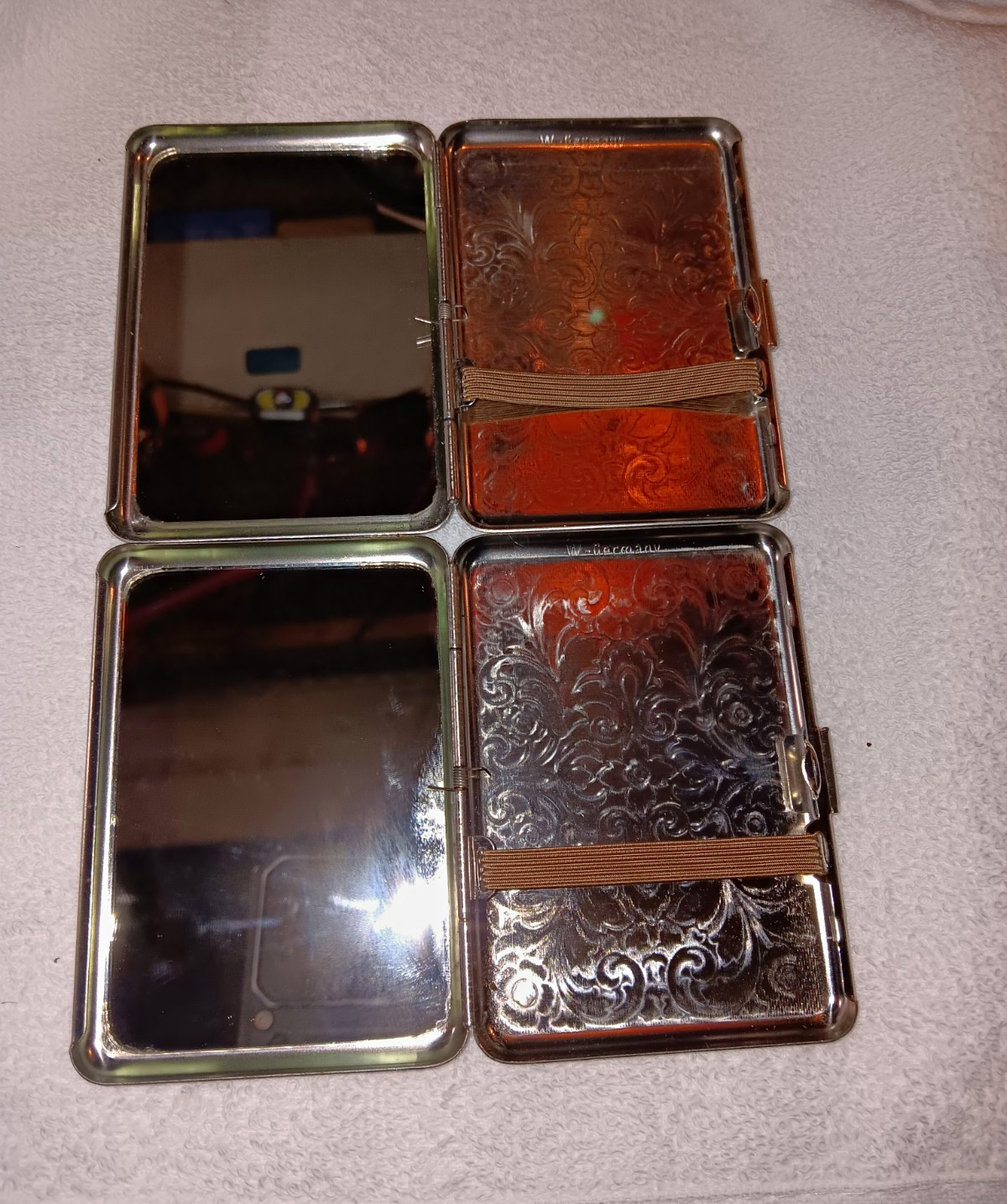 W. Germany Vintage Floral Engraved Metal Cigarette Case, Elastic Band, Mirror..