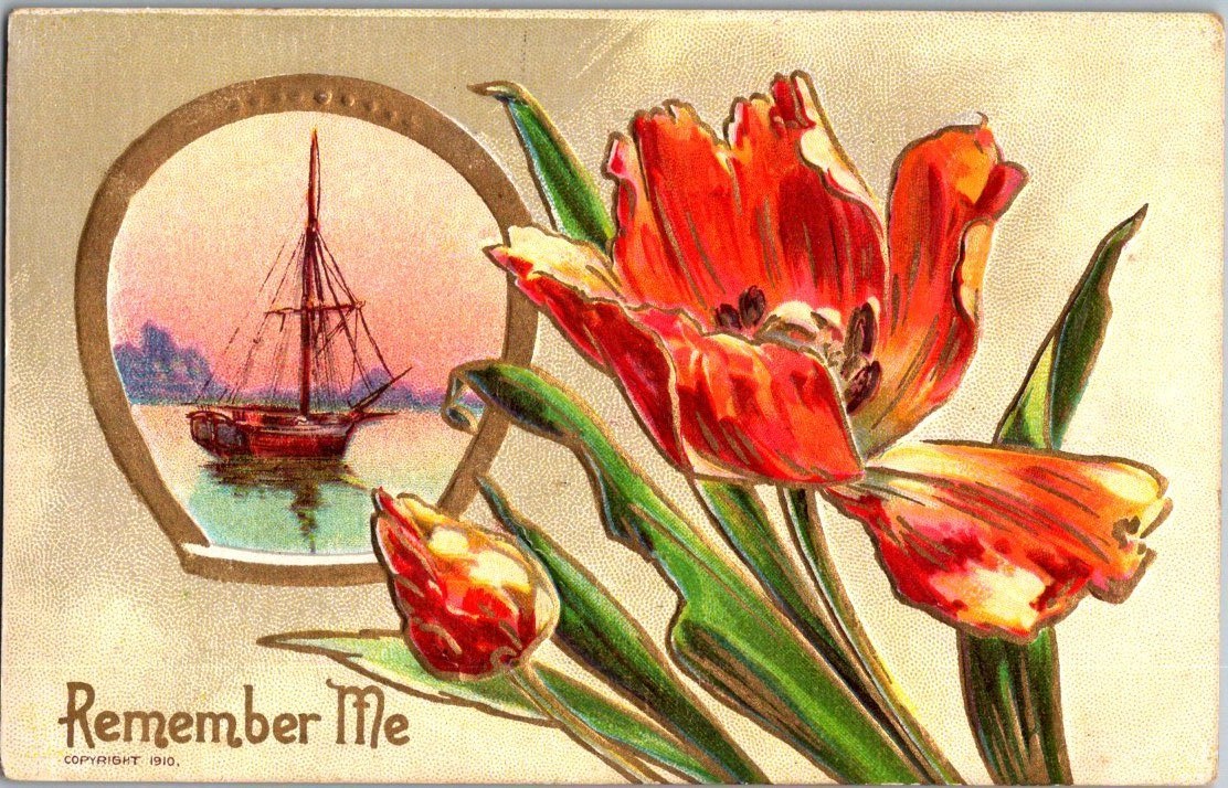 Vintage Victorian Postcard 1910 Remember Me - Red Tulips Vintage Victorian Postcard 1910 Remember Me - Red Tulips
