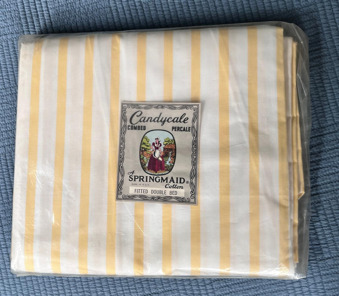 Springmaid Combed Percale Double Fitted Sheet Pillowcase Yellow Stripe NEW Springmaid Combed Percale Double Fitted Sheet Pillowcase Yellow Stripe NEW