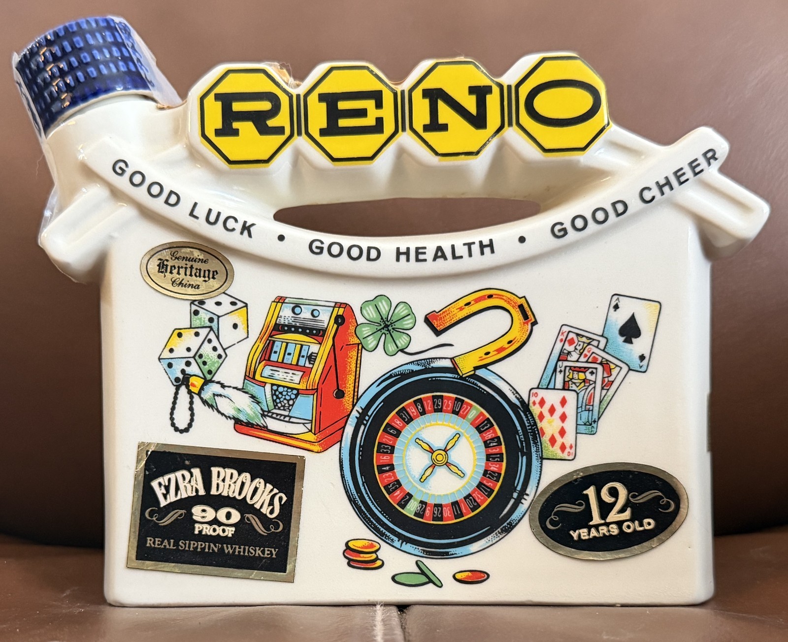 VINTAGE 1968 EZRA BROOKS RENO, NV GOOD LUCK, HEALTH & CHEER DECANTER VINTAGE 1968 EZRA BROOKS RENO, NV GOOD LUCK, HEALTH & CHEER DECANTER