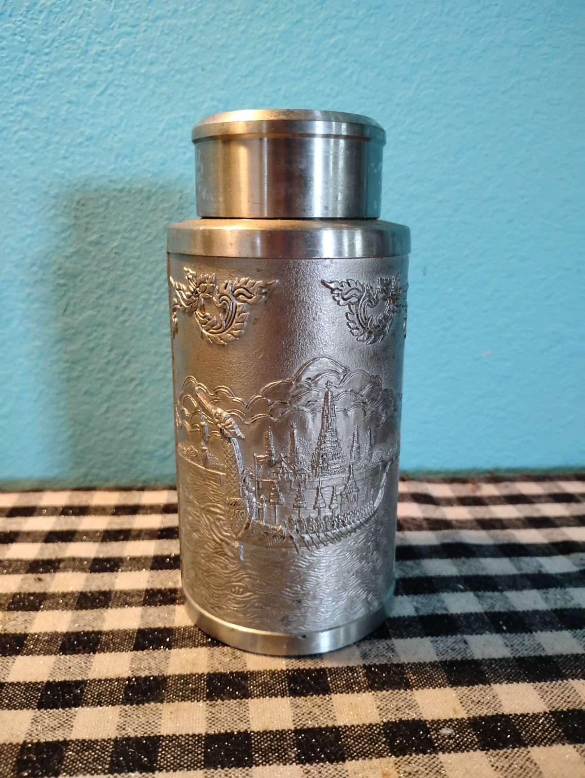 Vtg Oriental Pewter (Thailand) Co Ltd Tea Caddy Elephant Ship Etchings 5.5\ Vtg Oriental Pewter (Thailand) Co Ltd Tea Caddy Elephant Ship Etchings 5.5\