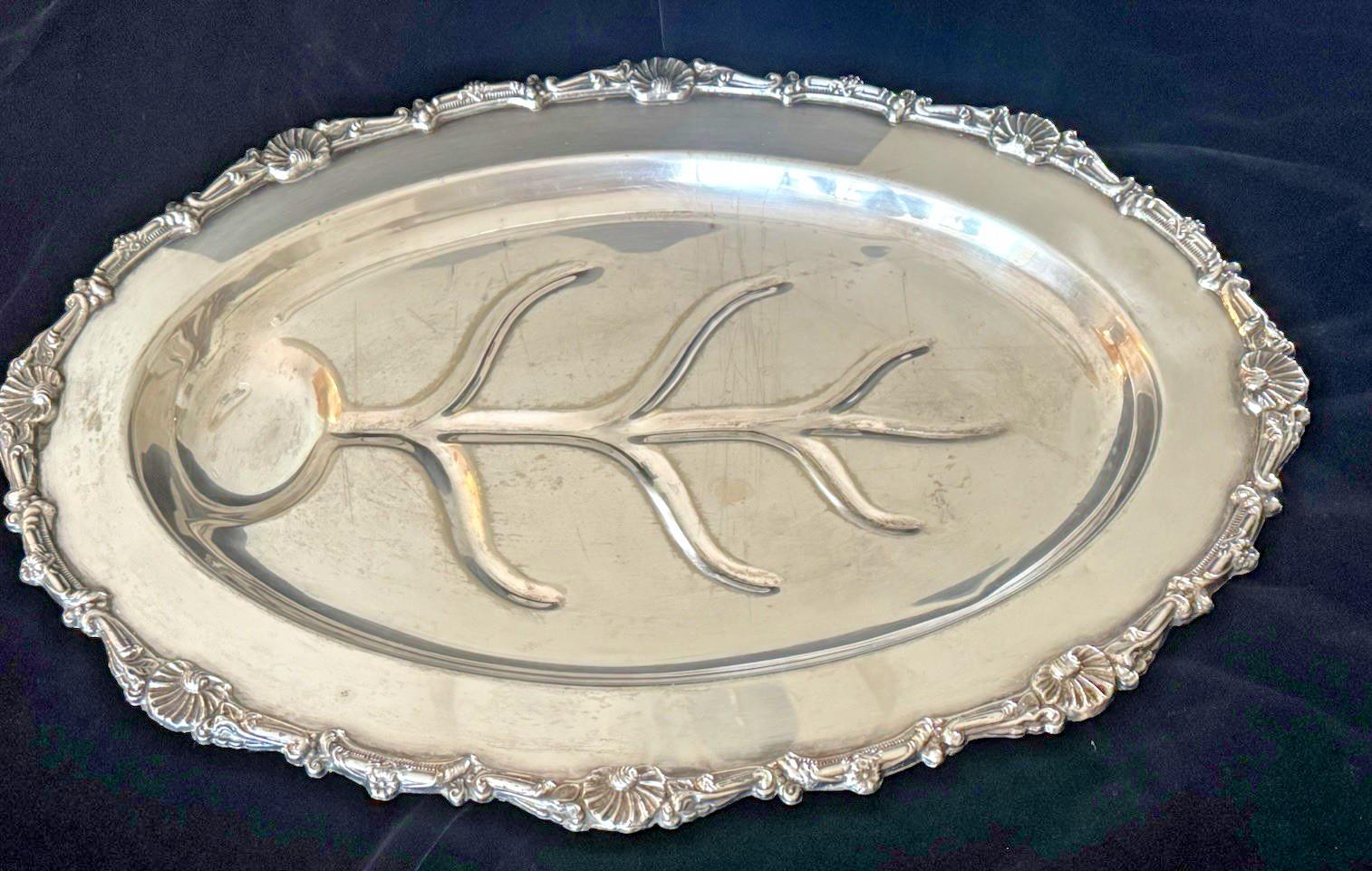 Crosby Tray Serving Meat Platter Oval Silver Plate Footed Seashell Trim  19 1/2\