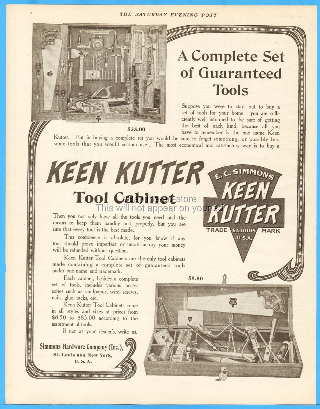 1907 Keen Kutter Simmons Hardware Co St Louis MO Tool Cabinets No. K-9 K-1 Ad