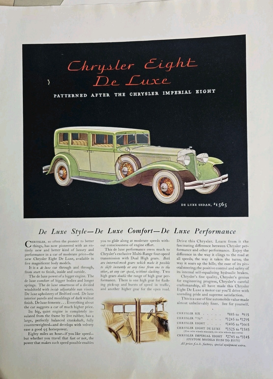 1931 Chrysler Eight Deluxe sedan car vintage Original ad 