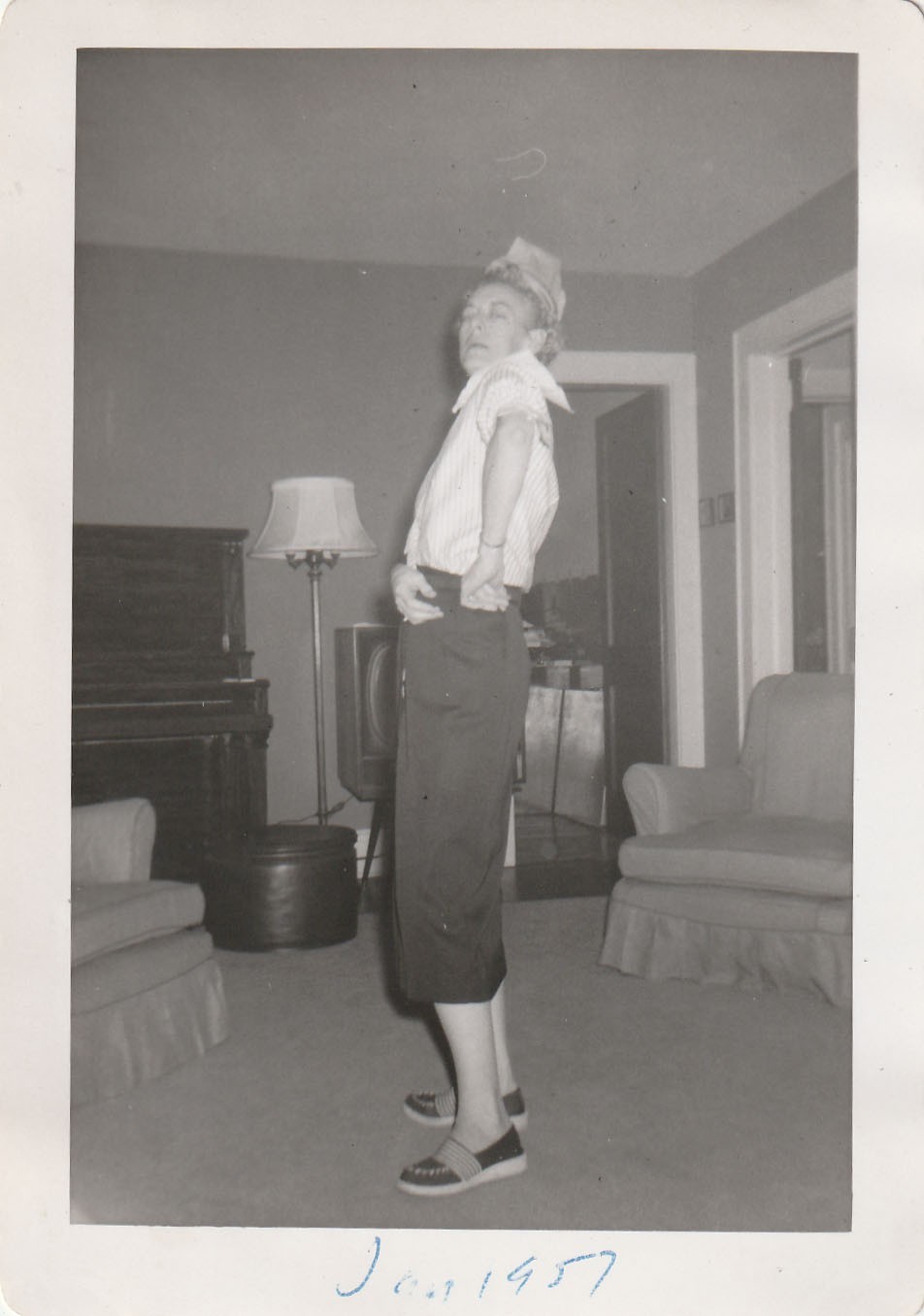Vintage Photo 1957 Silly Woman Posing MCM Livingroom Decor Furniture Fashion USA
