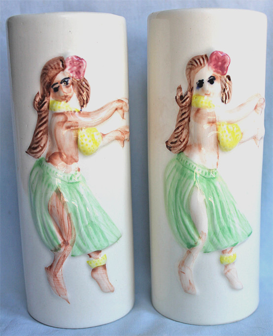 2 Vintage  Orchids Of Hawaii  HULA GIRL Motif  Tall  Ceramic Drinking Glasses